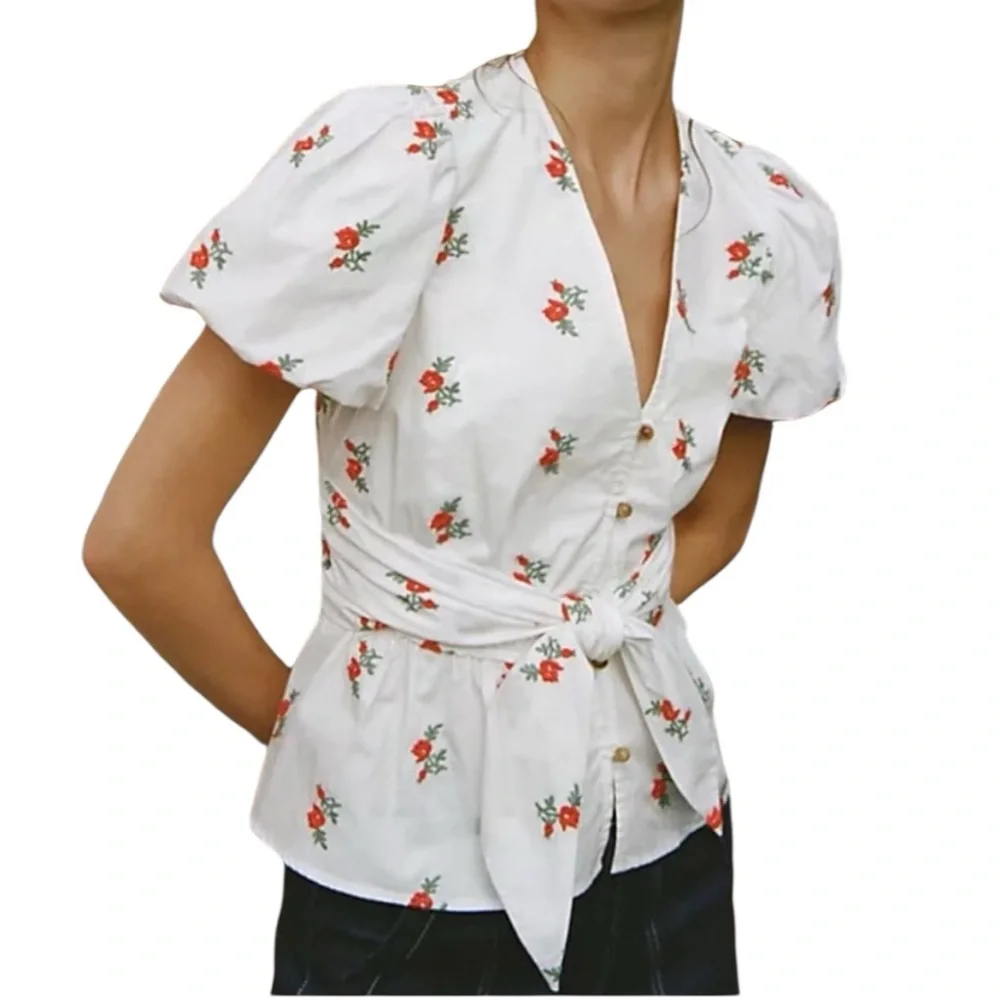 Anthropologie White Floral Tie-Waist Blouse with Red Roses